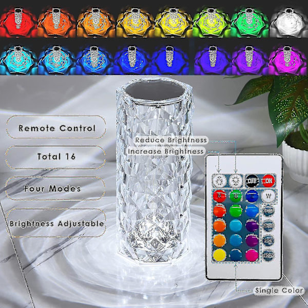 Crystal Diamond Table Lamp, 16 Colors Usb Charging Touch Lamp Bedside Night Light With Remote Control