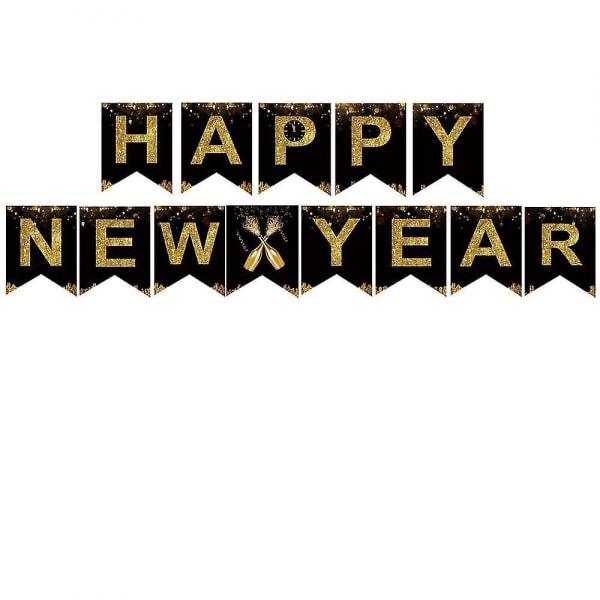 Happy New Year Banner For 2022 New Years Party Decoration Black And Gold, New Year Glitter Paper Hanging Banner For 2022 New Years Eve Party Decoratio