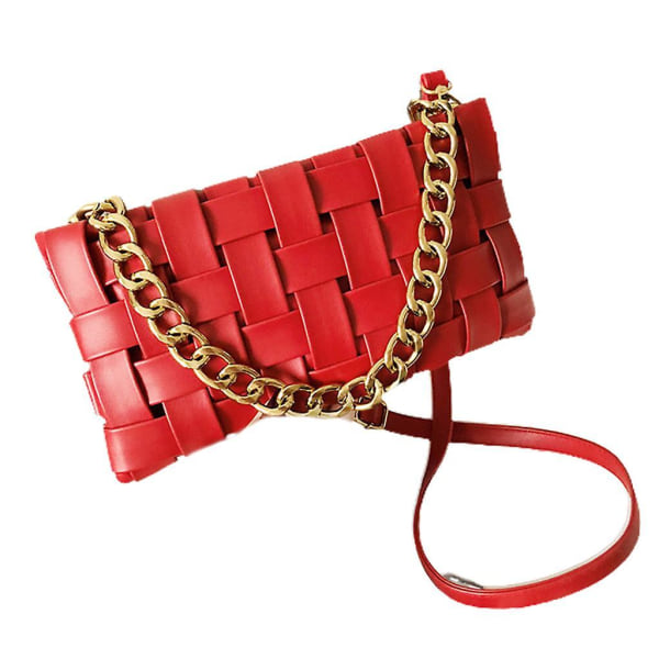 Women's Evening Handbags Braided Shoulder Bag Pu Leather Weave Purse Solid Color With Chain Vacation Casual Handbag Red