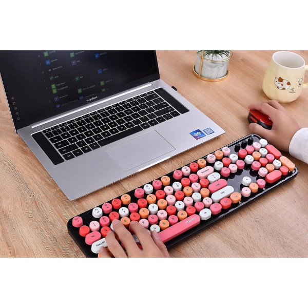 Wireless Keyboard And Mouse Combination, 2.4g Usb Ergonomic Keyboard, Cute Round Retro Typewriter Keycaps, (red Mixed Style Keyboard + Mouse)