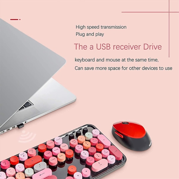 Wireless Keyboard And Mouse Combination, 2.4g Usb Ergonomic Keyboard, Cute Round Retro Typewriter Keycaps, (red Mixed Style Keyboard + Mouse)