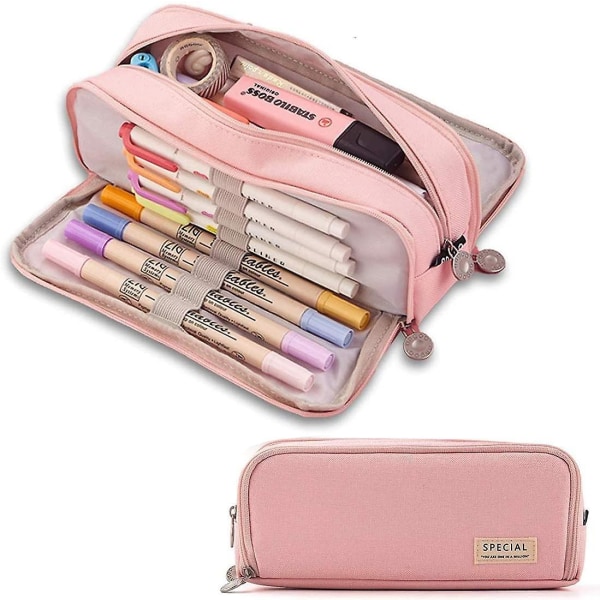Pencil Case Large Capacity 3 Compartments Canvas Makeup Cosmetic Pouch For Teens Adults Boys Girls School Students Office Organizer Pink