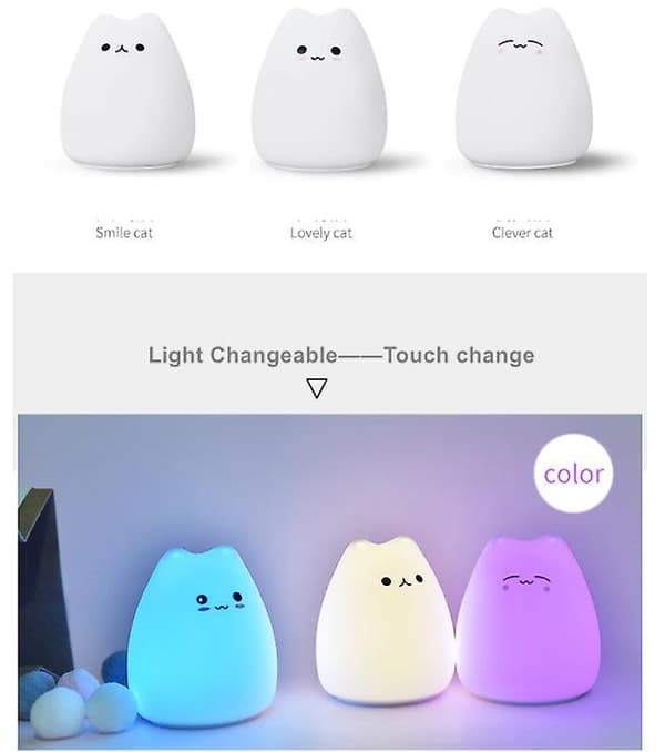 Sød Lille Kat med Berøringssensor LED Natlampe til Børn 3AAA Batterier