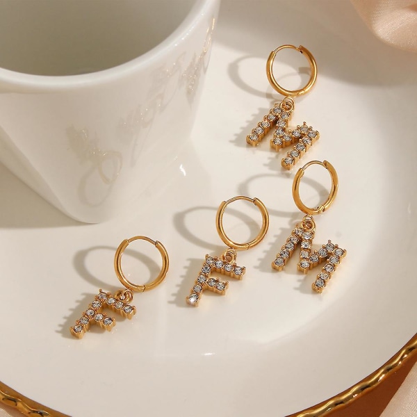 2022 New Stainless Steel 3a Zircon Clear Crystal Letter Charm Hoop Earrings Delicated 18k Gold Plated Initial Earring F