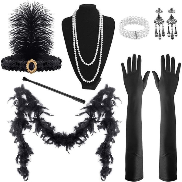 9 Pcs 1920s Accessories Set Headband Necklace Earrings Long Black Gloves Boa Great Gatsby Theme Party Accessories For Womenset C