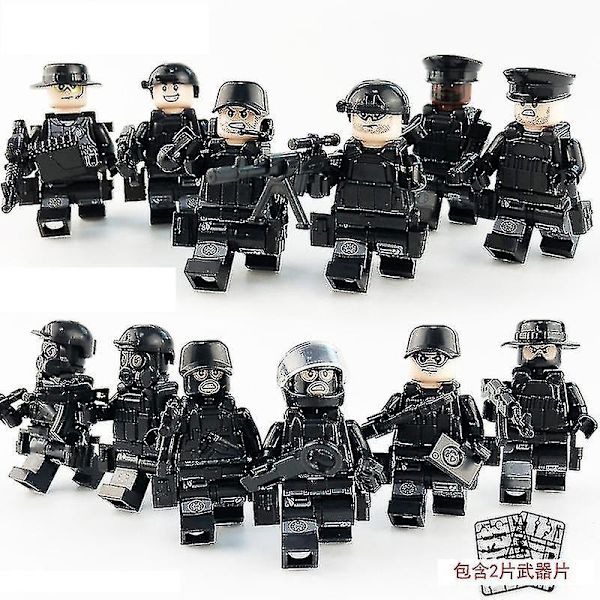 12 stk. Sort Swat Politi Minifigur Byggeklods Tilbehør Militær Legetøj