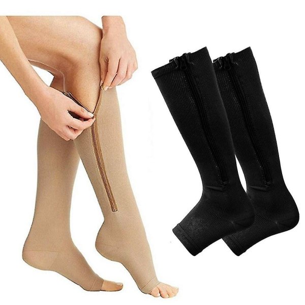 Compression Socks Zipper Leg Calf Sleeves Toeless For Swelling Pain Relieve 2 Pair Black khaki L