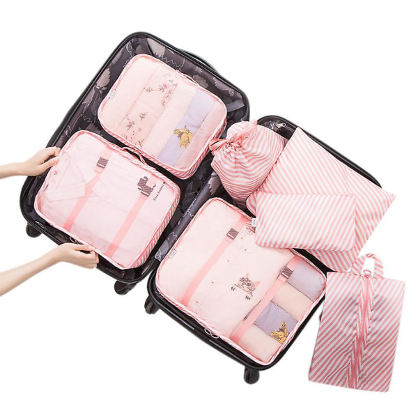 7pcs Waterproof Packing Compression Clothes Storage Bag Travel Insert Case Set Pink Stripe