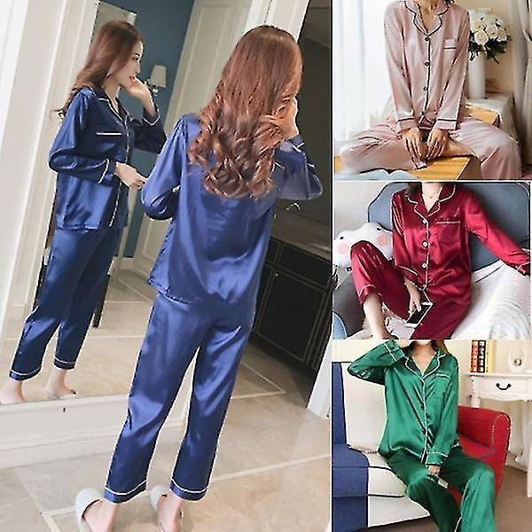 Ladies Fashion Silk Satin Long Sleeve Pajamas Pajama Set Two Piece Set blue M