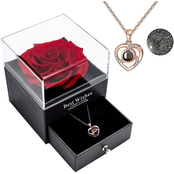 Preserved Real Rose With Love You Necklace In 100 Languages Gift Set