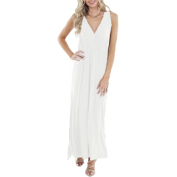 Ladies Sleeveless Deep V-neck Loose Solid Color Long Casual Backless Dress White S