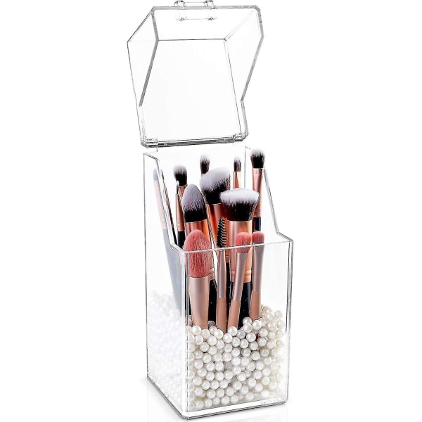 Acrylic Makeup Brush Holder Organizer With Lid,dustproof Cosmetics Brush Storage Box Case With  White Pearls For Bathroom, Dresser, Vanity And Counter