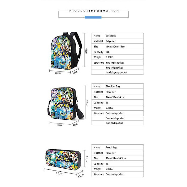 3pcs Pokmon Schoolbag Pikaqiu Backpack Polyester Comfortable Lightening Children's Bag 3