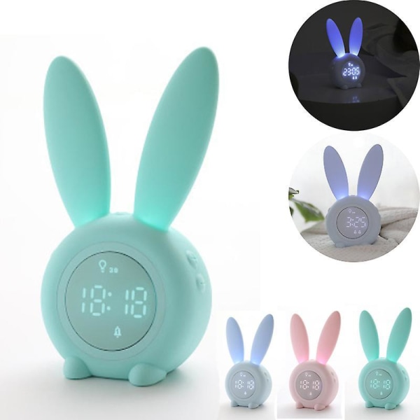 Children's Digital Alarm Clock, Cute Rabbit, Children's Bedroom Night Light, Multifunctional Alarm Clock Green