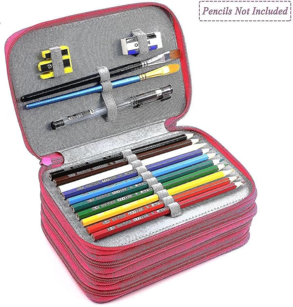 72 Slots 4-layer Zipper Pencil Case With Handle Strap, Oxford Fabric rose Red