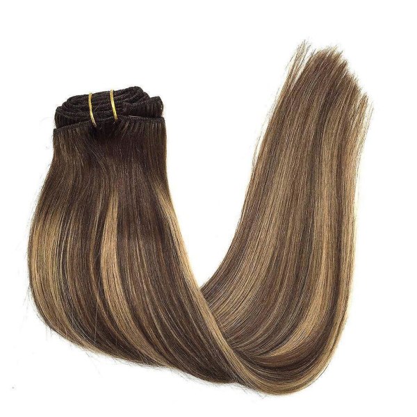 Clip In Human Hair Extensions Remy Chocolate Brown To Caramel Blonde Balayage 7pcs 120g 14 Inch 14 inch