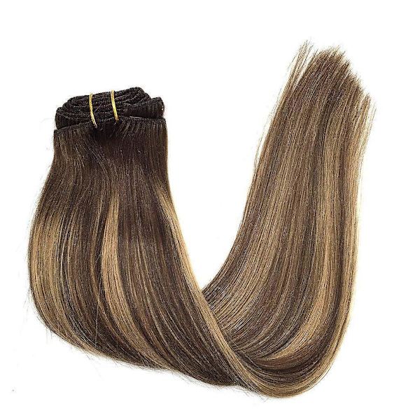 Clip In Human Hair Extensions Remy Chocolate Brown To Caramel Blonde Balayage 7pcs 120g 14 Inch 14 inch