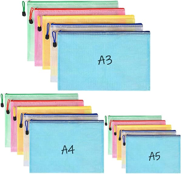 15 Pieces Document Pocket A3 + A4 + A5, File Pockets With Zipper, Mesh Plastic