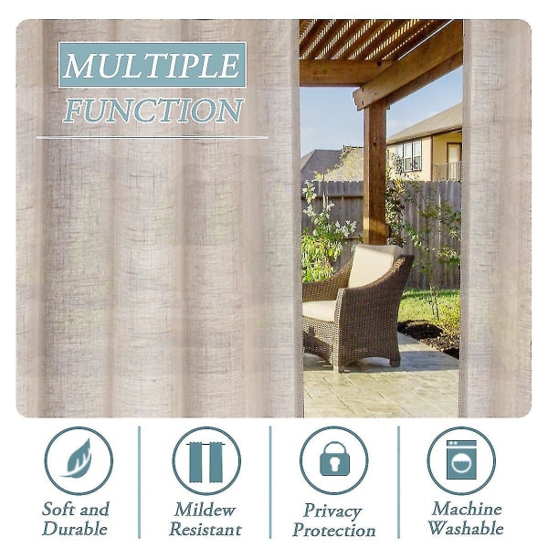 Outdoor linen sheer curtains for patio waterproof with detachable self-stick, natural W132cm x d213cm