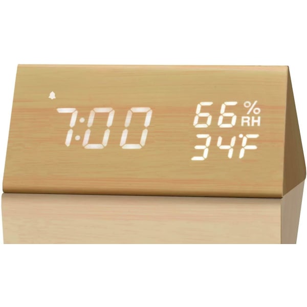 Digital Alarm Clock, With Wooden Electronic Led Time Display, 3 Alarm Settings, Humidity & Temperature Detect, Wood Made Electric Clocks For Bedroom