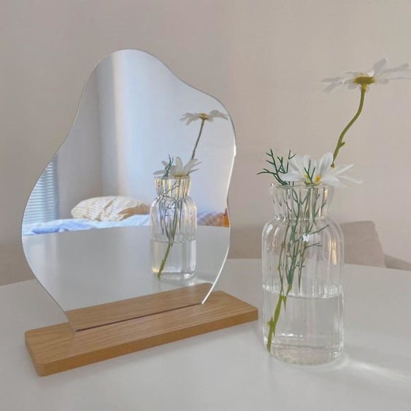 Acrylic Makeup Mirror Frameless Decorative Vanity Table Mirror Makeup Irregular Shape With Wooden Base For Bedroom,living Room And Minimal Spaces Room