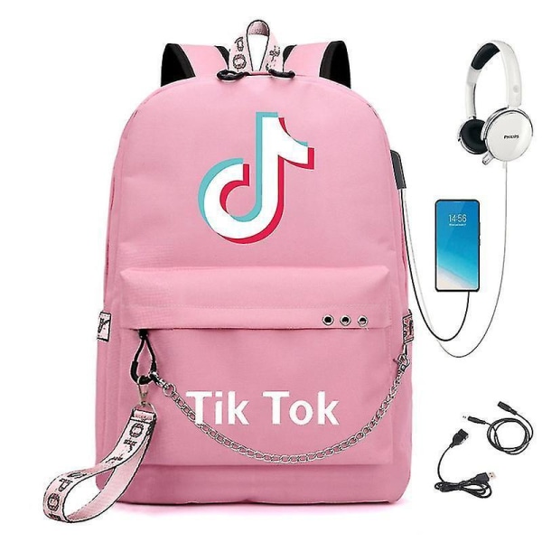 Tiktok Backpack Iron Chain Youth Leisure Large School Bag pink