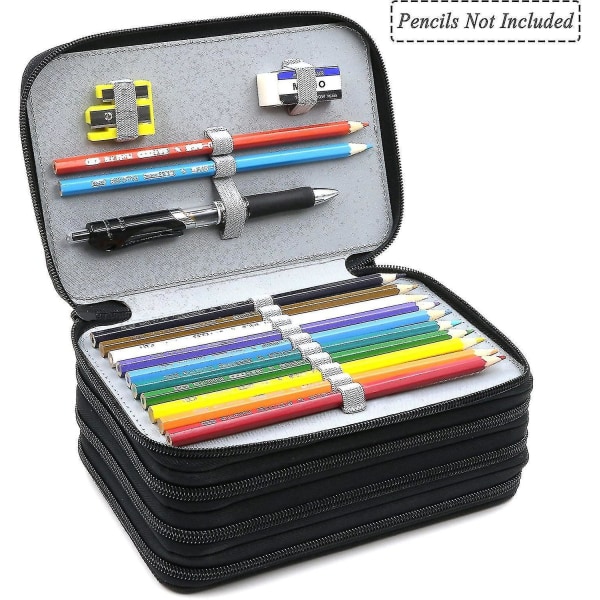 72 Slots 4-layer Zipper Pencil Case With Handle Strap, Oxford Fabric black