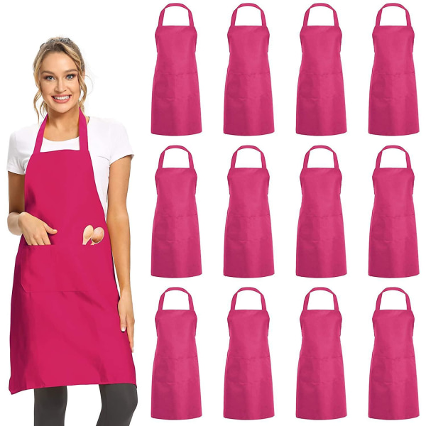 12 Pack Plain Bib Aprons With 2 Pockets - Pink Unisex Commercial Apron Bulk For Kitchen Cooking Restaurant Bbq Painting Crafting