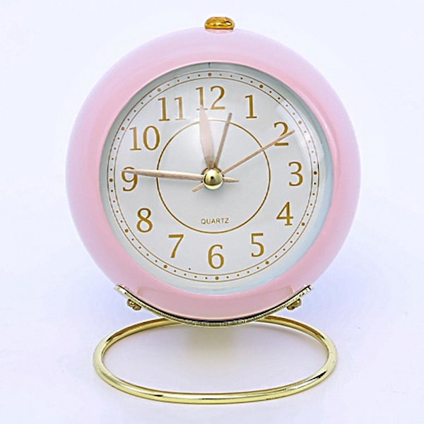 Battery Operated Alarm Clock With Round Shape Metal Case,no Ticking Analog Quartz, Simple Operation For Bedroom/travel/desk/kidspink