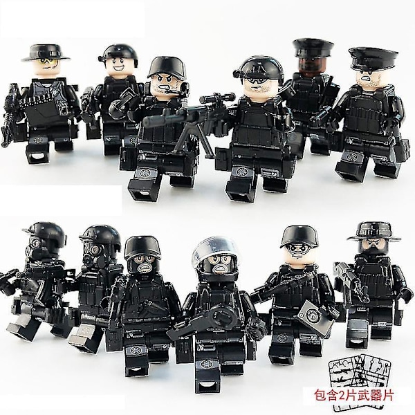 12 stk. Sort Swat Politi Minifigur Byggeklods Tilbehør Militær Legetøj