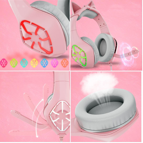 Gaming Headset, Over Ear Headphones,noise Cancelling Ultra-soft Earmuffs With Mic,rgb Light, Bass Surround For Ps5, Pc, Xbox One Controller,pink
