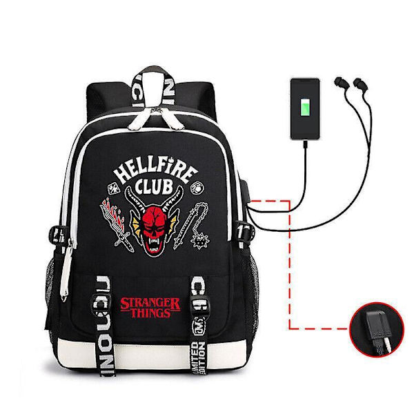 Stranger Things Hellfire Club Unisex School Backpack Rucksack Laptop Bag Usb Black
