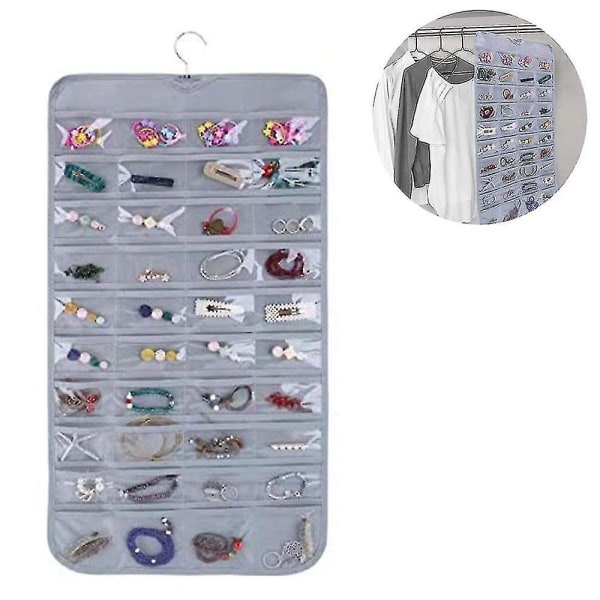 Hanging Jewelry Organizer, Non-woven Double Sides 80 Clear Pockets Jewelry Wall Organizer For Storing Jewelries, Earrings, Necklaces, Makeups Grey