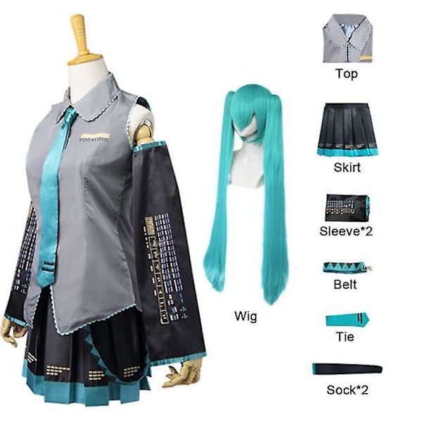 Kawaii Vocaloid Miku Cosplay Wig Costume Japan Midi Dress Beginner Future Female Halloween Girl's Cloth Green set and Wig M