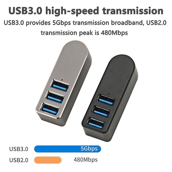 Aluminum Alloy Rotating Usb3.0 Hub Splitter Usb Hub Splitter 3 Port Usb 3.0 Hub Extension Gray