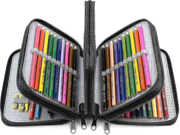 72 Slots 4-layer Zipper Pencil Case With Handle Strap, Oxford Fabric black