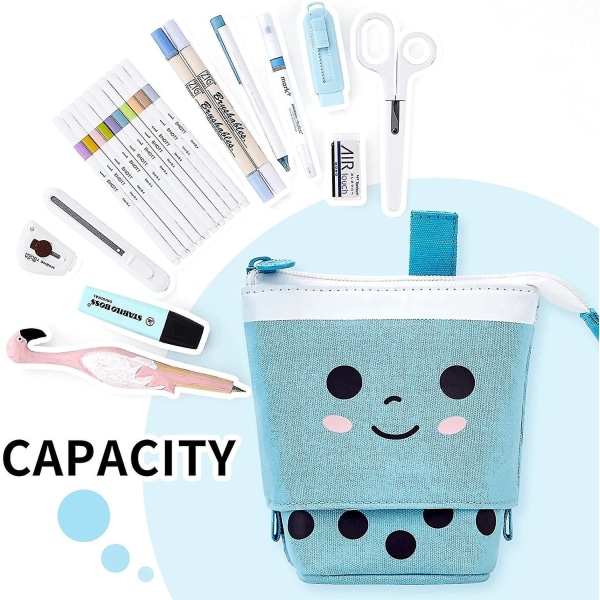 Cute Pencil Case Standing Pen Holder Telescopic Pen Pouch Bag Office Organizer Aesthetic Supply For Girls Boys Student Women Adult blue