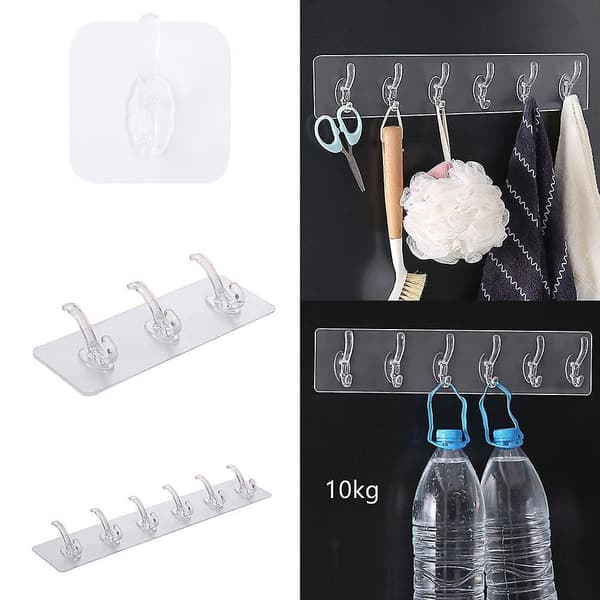 3/6 Hooks Bathroom Nail-free Wall Hook A Row Of Traceless Hooks Wall Hanger Sticker Transparent Plastic Glue Hooks Kitchen 3HOOK