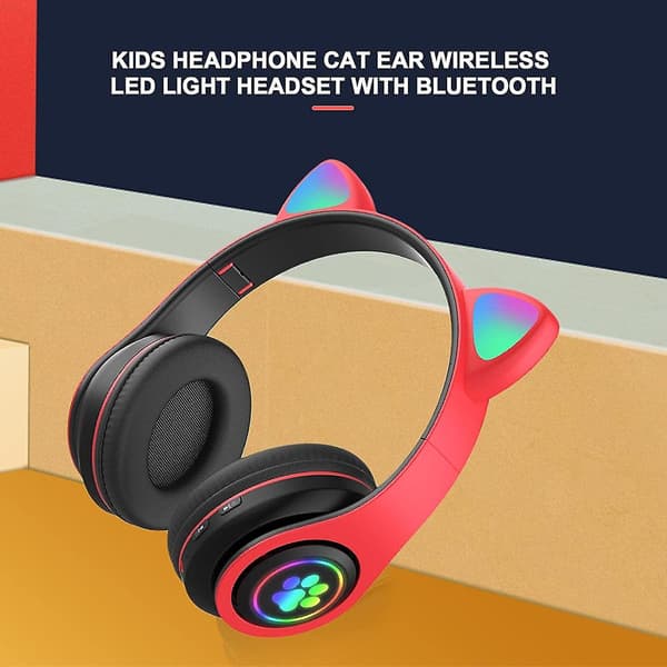 (red)kids Headphones Bluetooth5.0 Multifunction Cat Ear Extra-long Battery Life Stereo Sound Led Lights Foldable Adjustable Portable Headset Multi-col