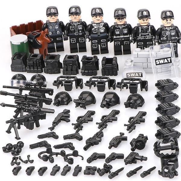6pcs Swat Police Salon Building Blocks With Weapons, Bulletproof Vests, Police Dog Equipment, Minifigures, Children's Assembling Toys
