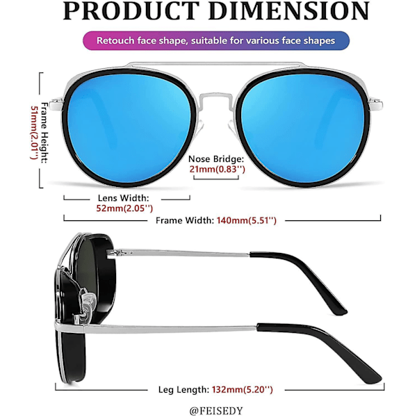 Retro Steam Punk Sunglasses Round Steampunk Double Bridge Aviator Glasses For Women Men B2822 Blue Lens