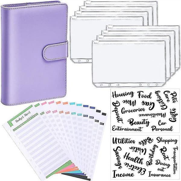 A6 Binder Budget Planner Notebook Covers Folder Size 6 Hole Pockets Plastic Zipper Money Saving Envelope Purple- Ssxjv
