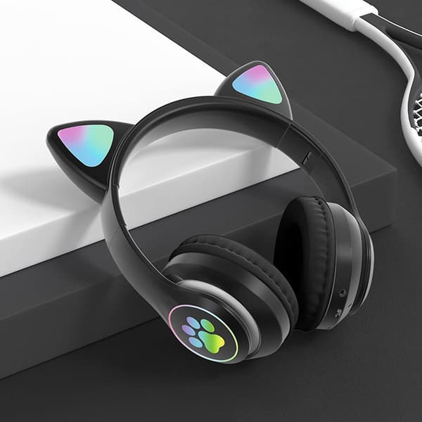 Bluetooth 5.0 Børne Katteøre LED Lysende Trådløse Hovedtelefoner Støjreducerende Headset Sort