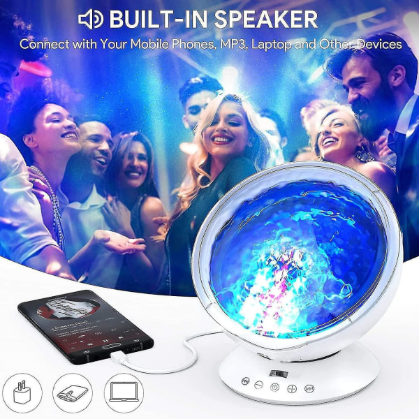 7 Modes Remote Control LED Ocean Projection Lamp Speaker Built-in Music Player (white)