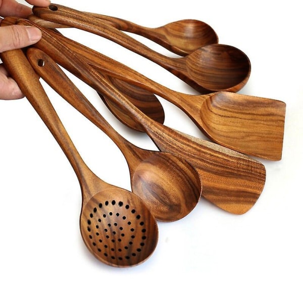 7pcs/set Teak Natural Wood Tableware Spoon Ladle Turner Rice