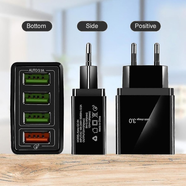 Portable Quick Charge 3.0 4-usb Ports 3.1a Travel Smart Adapter Phone Charger Black EU Plug