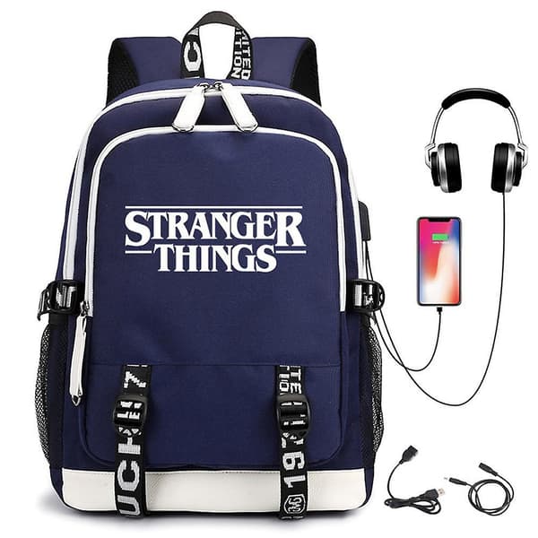Stranger Things Backpack USB Rechargeable Backpack Student School Bag blue