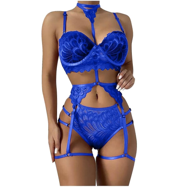 Women Sexy Solid Color Bralette Panty Strappy Lace Embroidery Lingerie Set Blue S