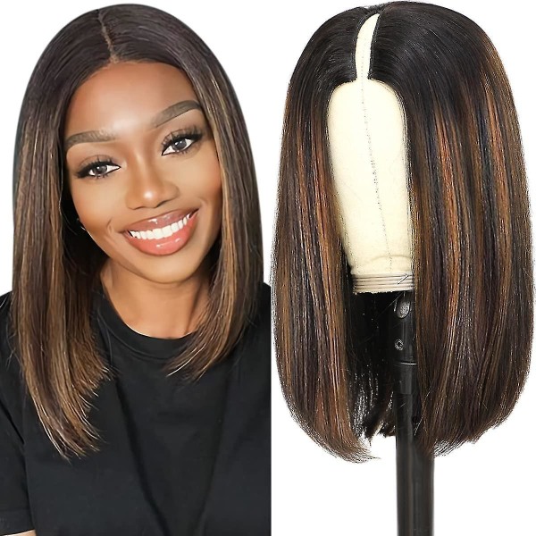 Ombre V Part Wig Human Hair No Leave Out Blonde Highlight V Part Bob Wig Upgrade Thin U Part Wig No Glue Brazilian Straight Short Bob Wig Colored Brow