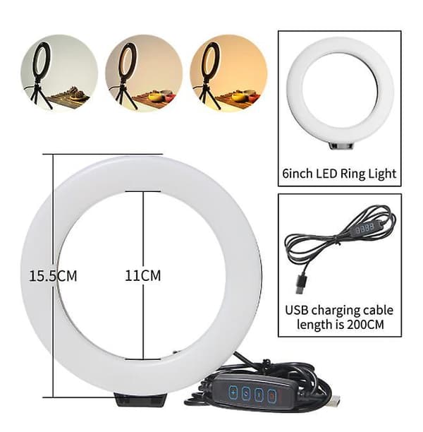 16cm 6 inch Ring Light With Tripod Stand Usb Charge Selfie Led Lamp